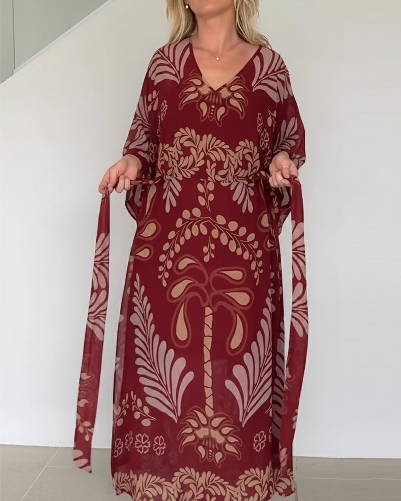 Praxellea - Robe bohème femme maxi ample col V imprimé feuilles élégant