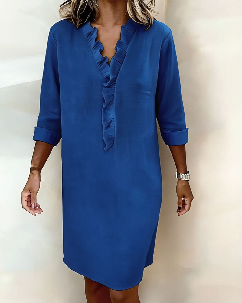 Ophivyn - Robe femme col V à volants coupe droite style décontracté