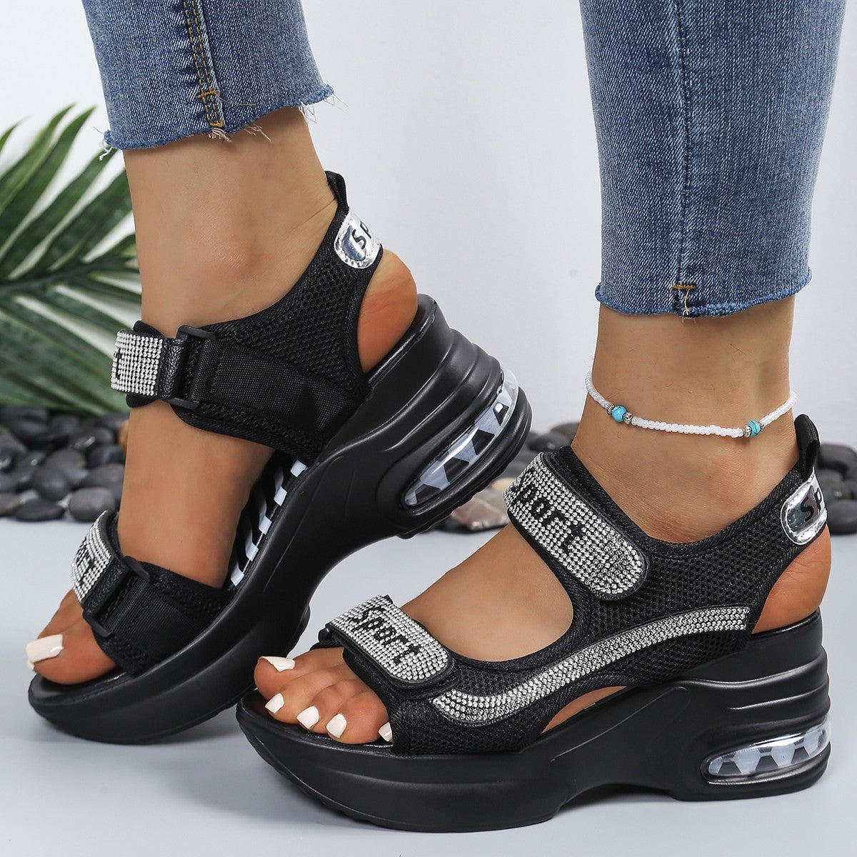 Calyvra - Sandales femme plateforme strass velcro semelle air sport