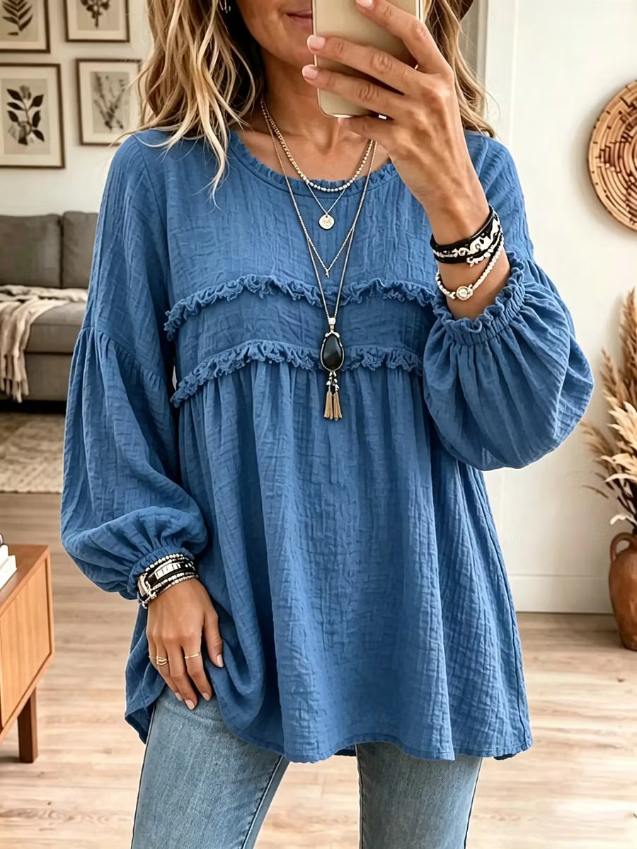 Noëlie - Women's loose-fit babydoll tunic with ruffles and balloon sleeves