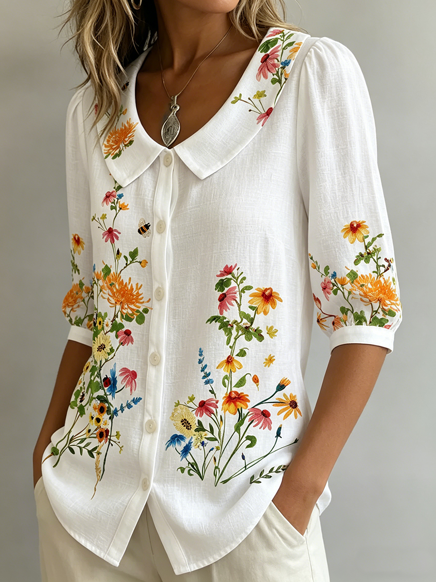 Mavessia - Chemise femme coton et lin imprimé floral artistique vintage