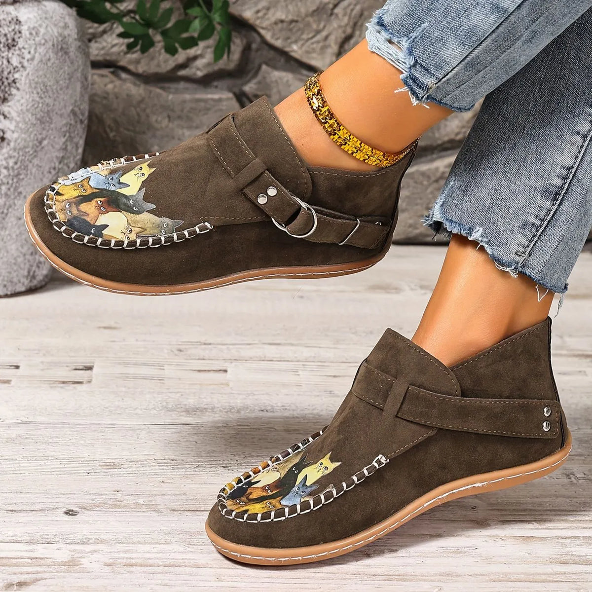 Annefleur - Mocassins femme imprimé chat à enfiler