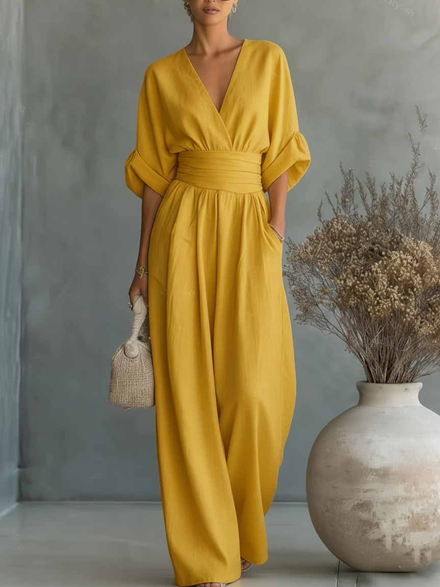Helyrae - Combinaison Femme Col V Taille Marquée Coupe Fluide Élégante