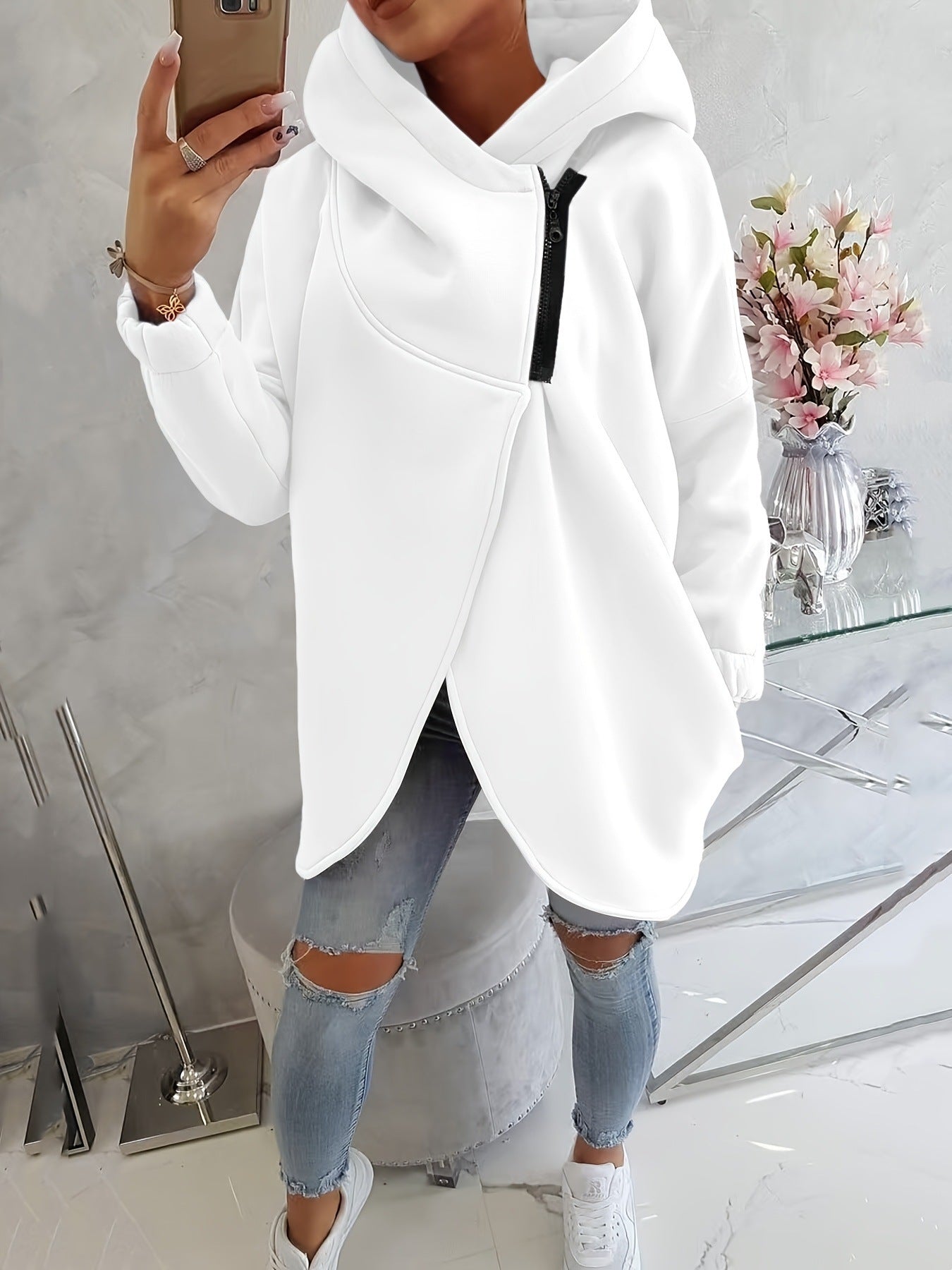 Quenlisse - Sweat à capuche zippé pour femme avec poches avant