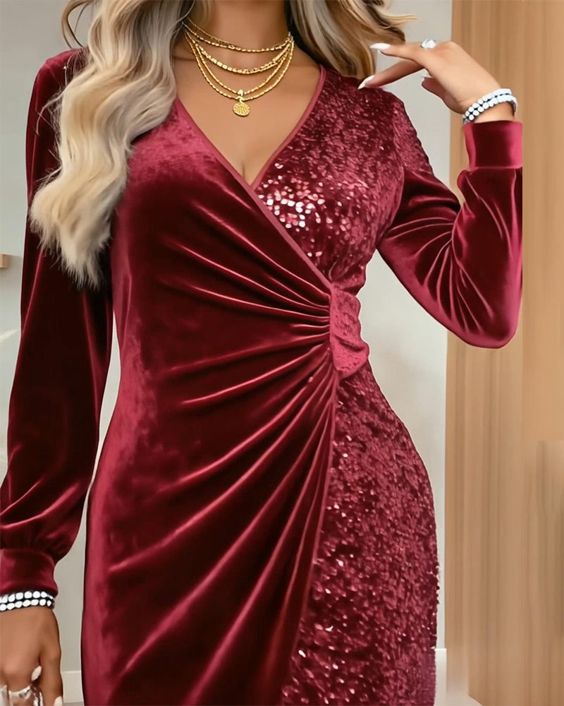 Fayriona - Robe Décolleté Sexy Velours Avec Paillettes