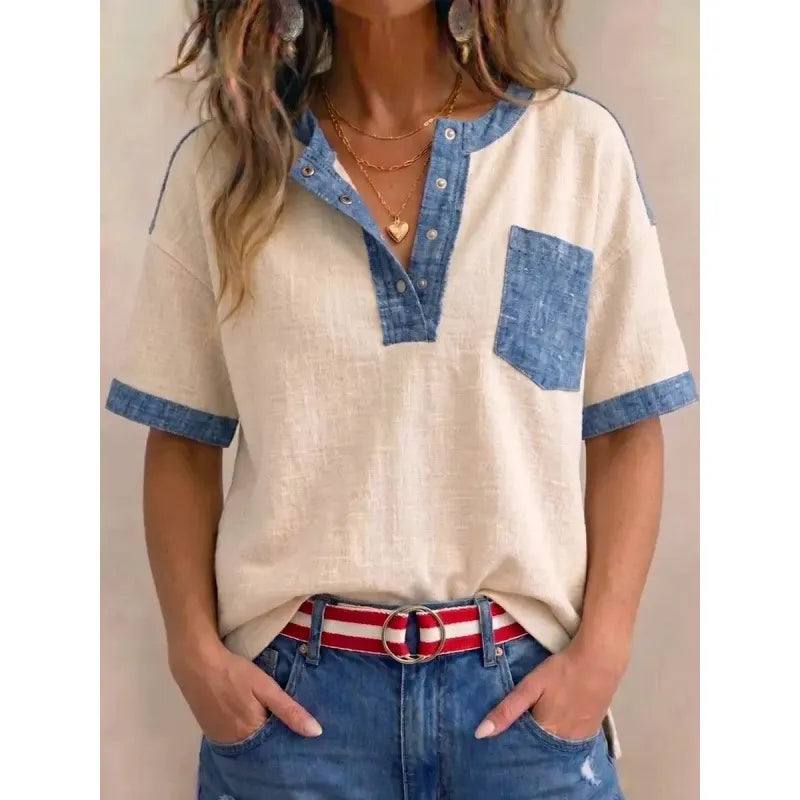Tivellea - Top femme en coton à col V avec détails denim