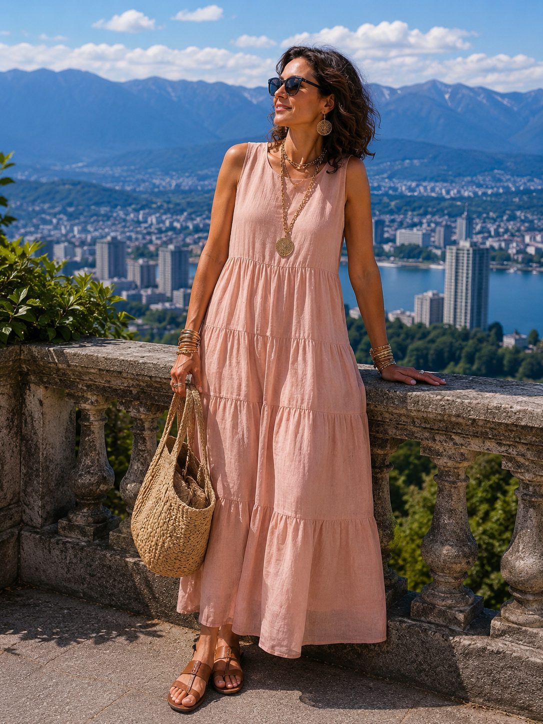 Azoria - Robe longue femme en coton et lin sans manches style décontracté