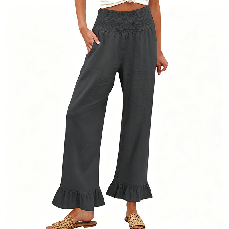 Dorexa - Pantalon femme taille haute smockée large coton lin boho
