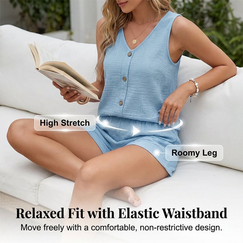 Halynne - Ensemble short femme sans manches à col en V en tissu gaufré léger