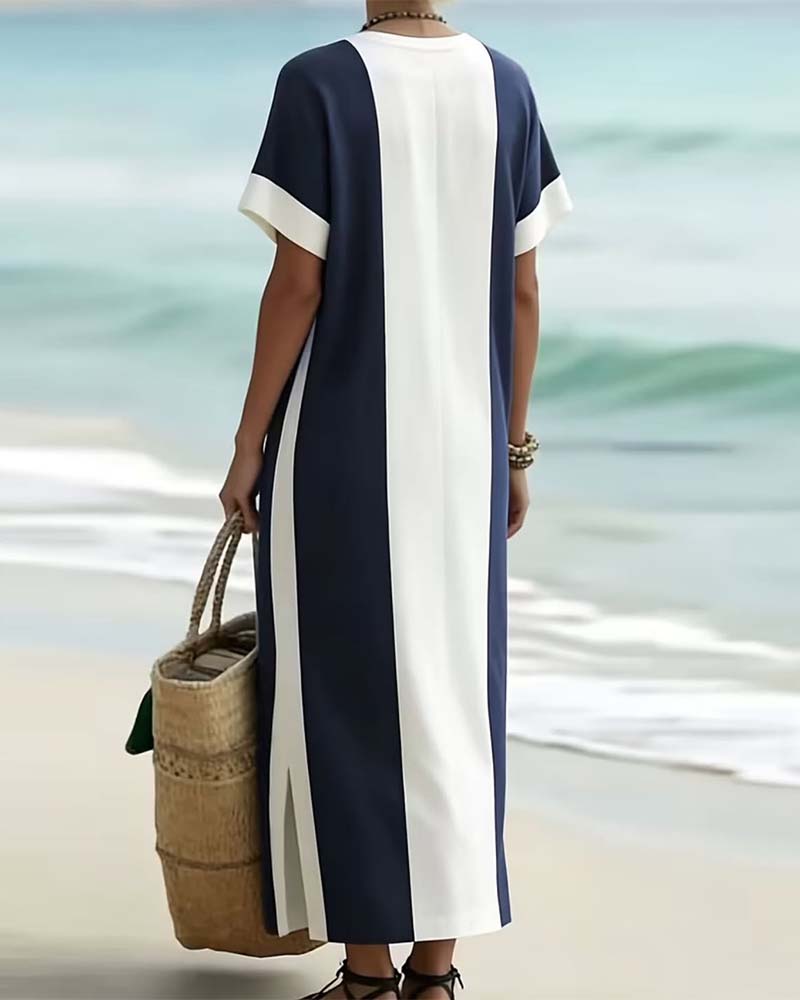 Apolline - Robe midi femme à rayures verticales et fente latérale