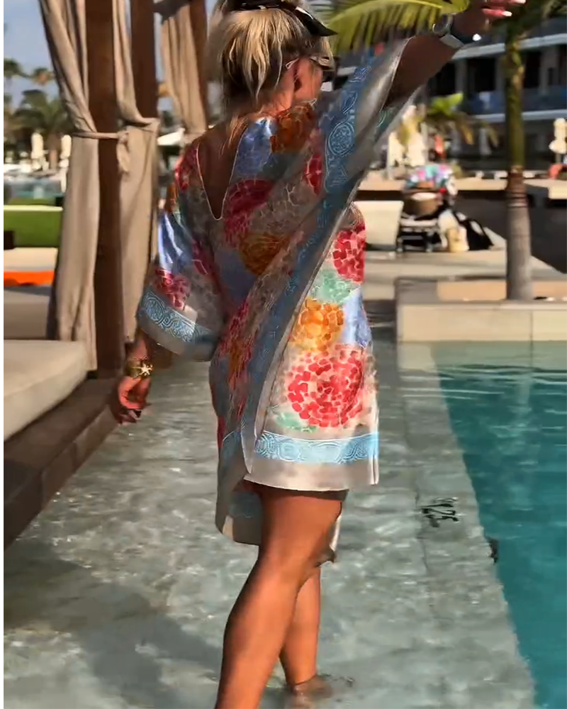 Noriellea - Robe de plage imprimée femme à manches chauve souris
