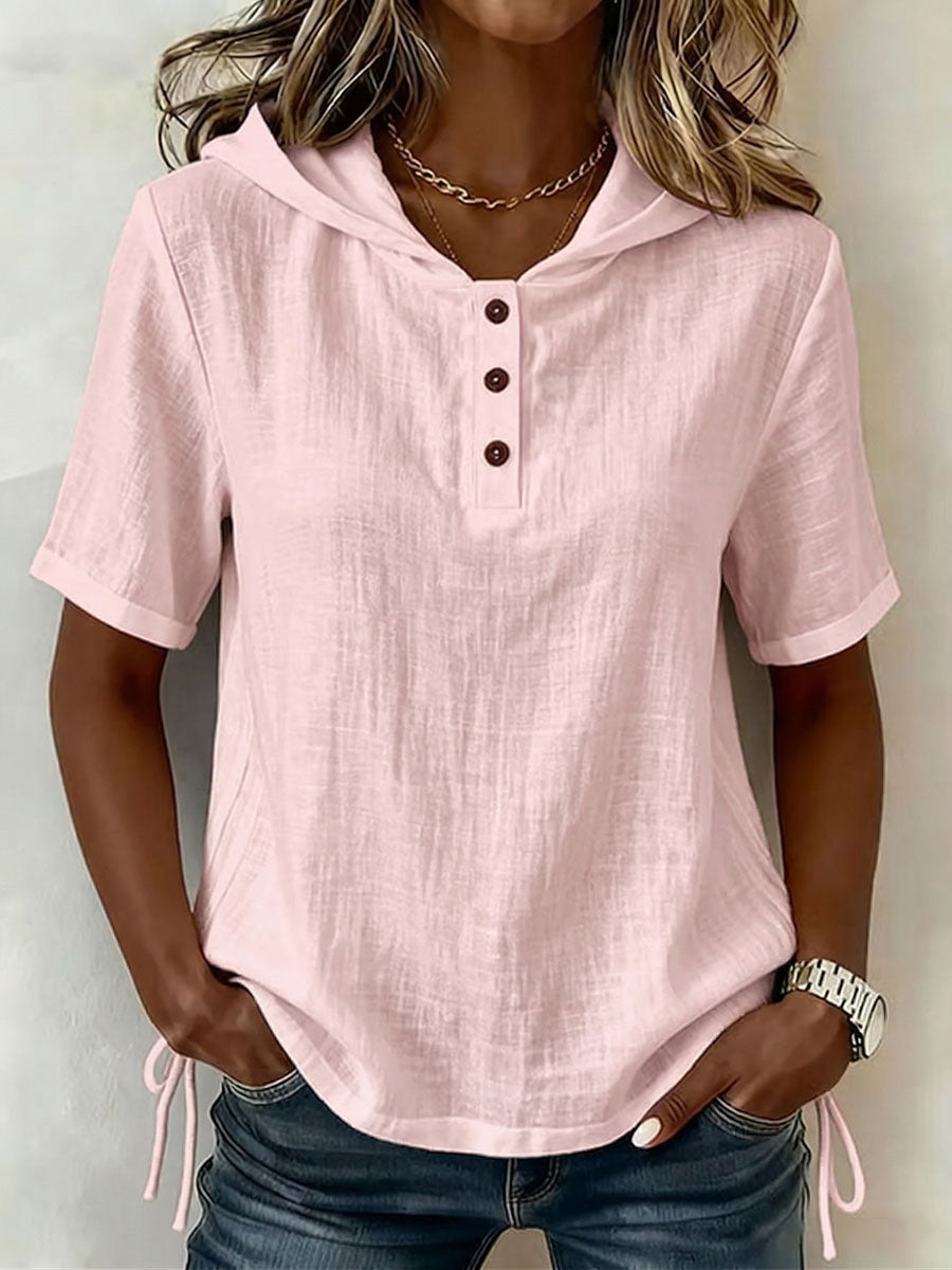 Aevrixa - Top femme à capuche fluide manches courtes boutons col ouvert style casual