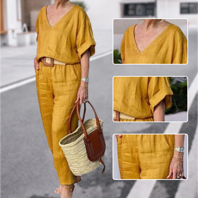 Loxaria - Ensemble femme haut col V pantalon poches style décontracté