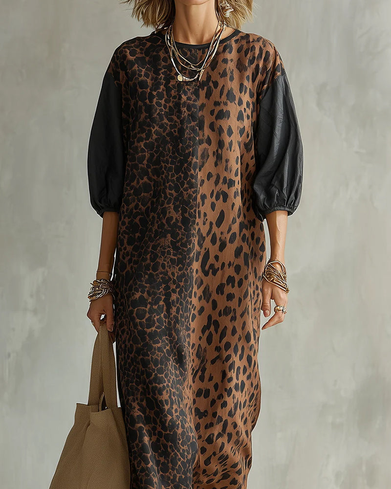 Milou - Women's flowy leopard dress with elegant puff sleeves