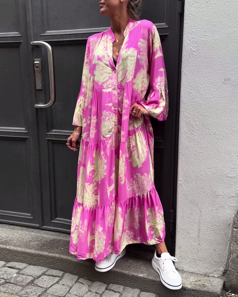 Greta - Robe Patchwork Ample avec Col en V et Manches Cloches Imprimées