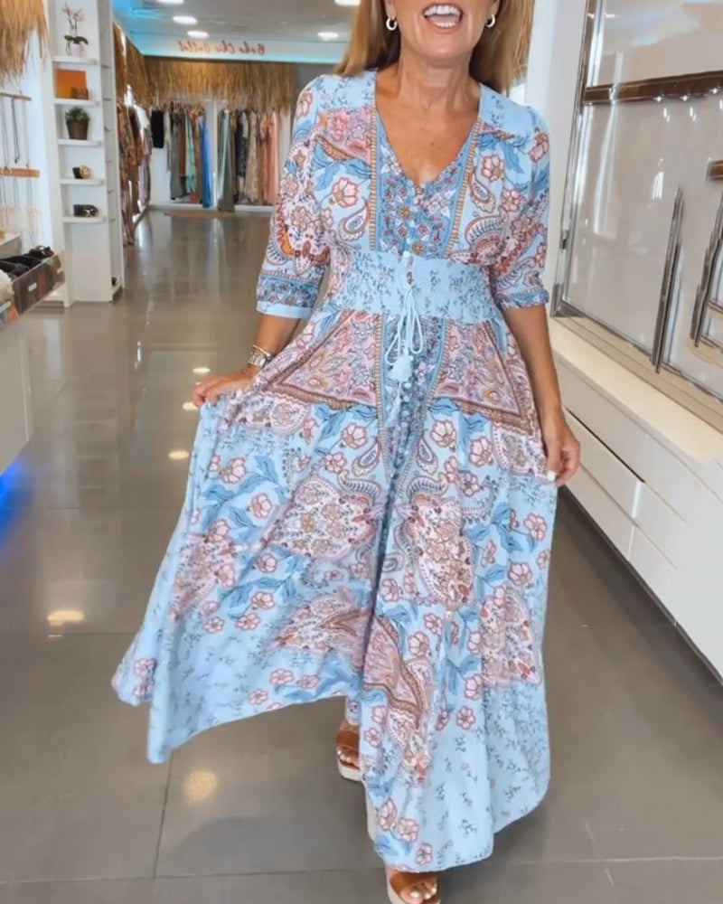 Helia - Robe de Vacances avec Col en V et Manches 3/4