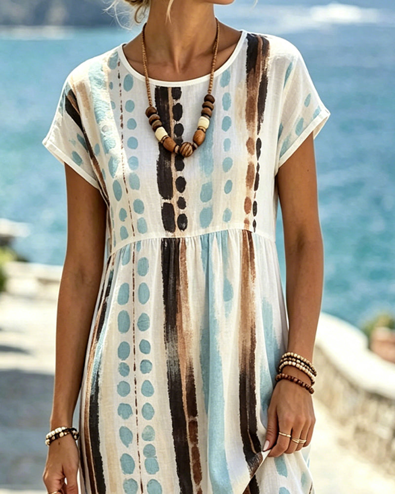 Serenza - Robe femme imprimée aquarelle à rayures et pois artistiques