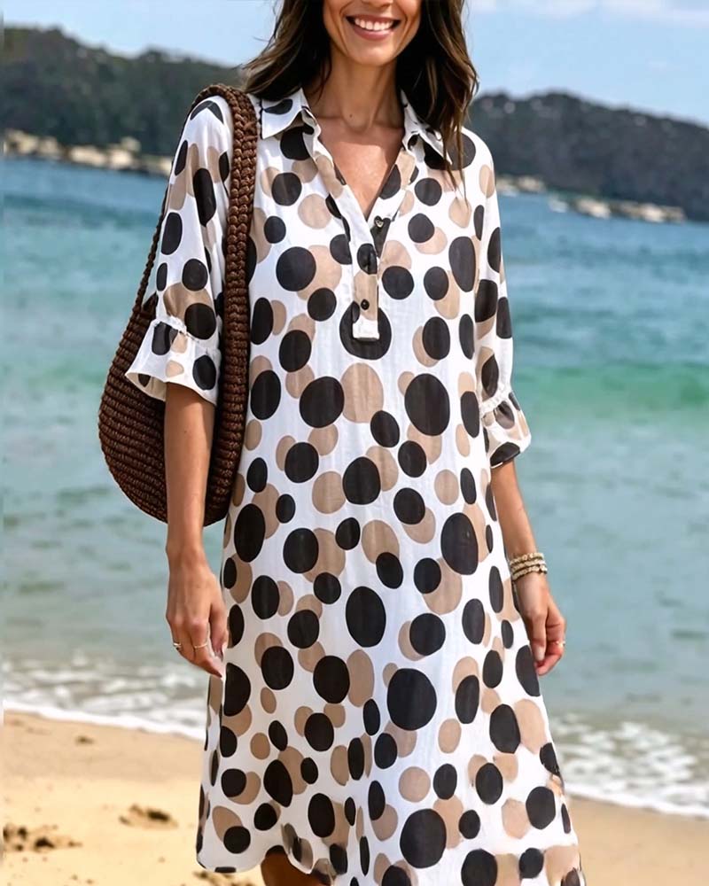 Rovelynn - Robe femme à pois élégante et manches mi-longues volantées