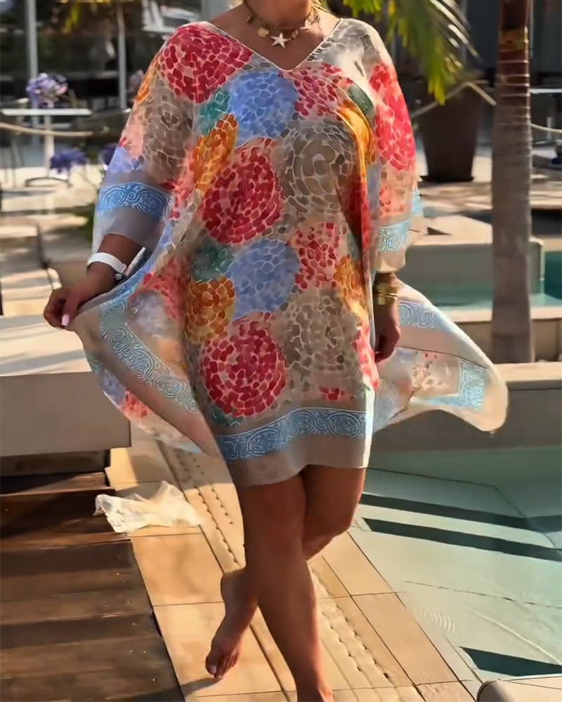 Noriellea - Robe de plage imprimée femme à manches chauve souris