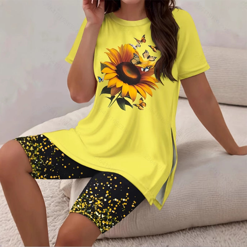 Evorielle - Ensemble femme tunique longue imprimée tournesol et short assorti
