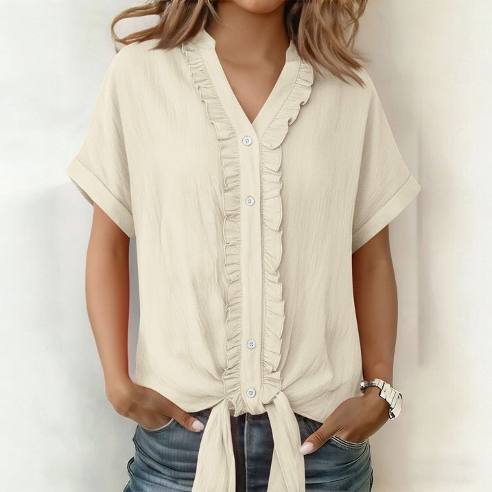 Kalyxa - Chemise femme coton col V manches courtes nouée été