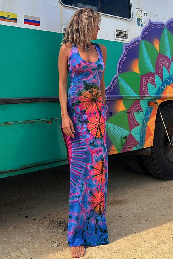 Junaria - Robe maxi avec imprimé tie-dye, lacée à l'arrière, extensible (avec soutien-gorge intégré)