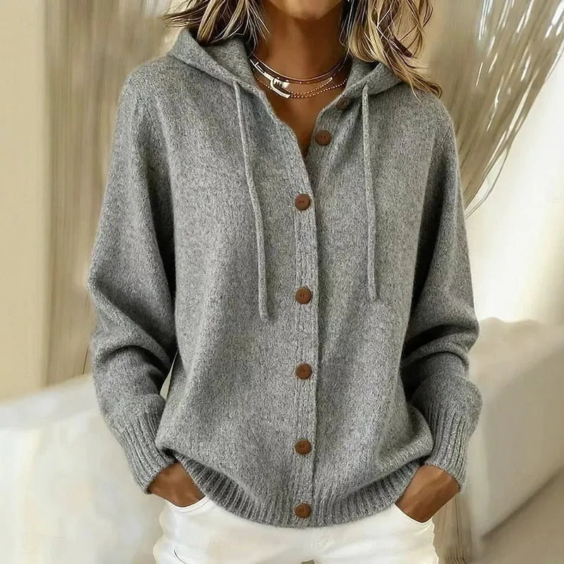 Ameline - Cardigan femme à capuche boutonné en maille douce