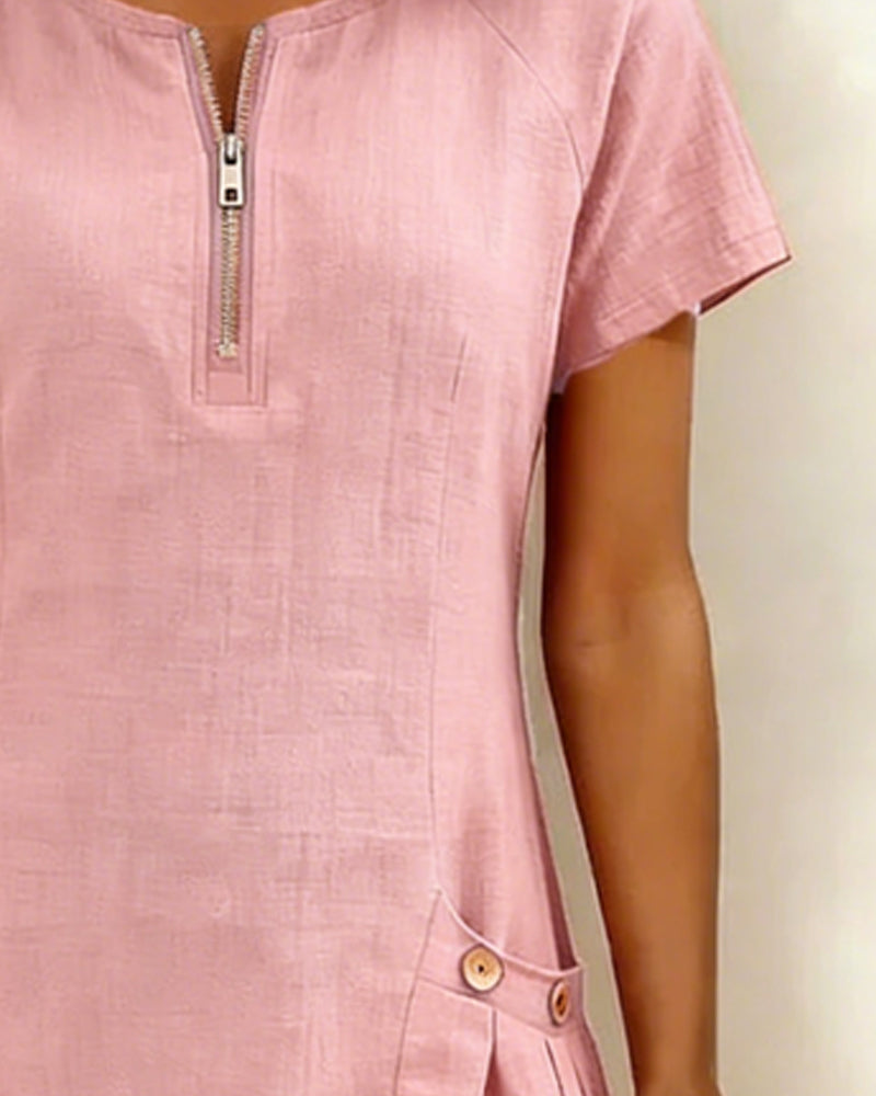 Kovira - Robe Courte Coton Lin avec Fermeture Éclair et Poches