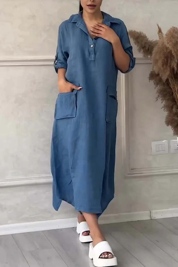 Leontine - Robe maxi femme en lin et coton avec revers