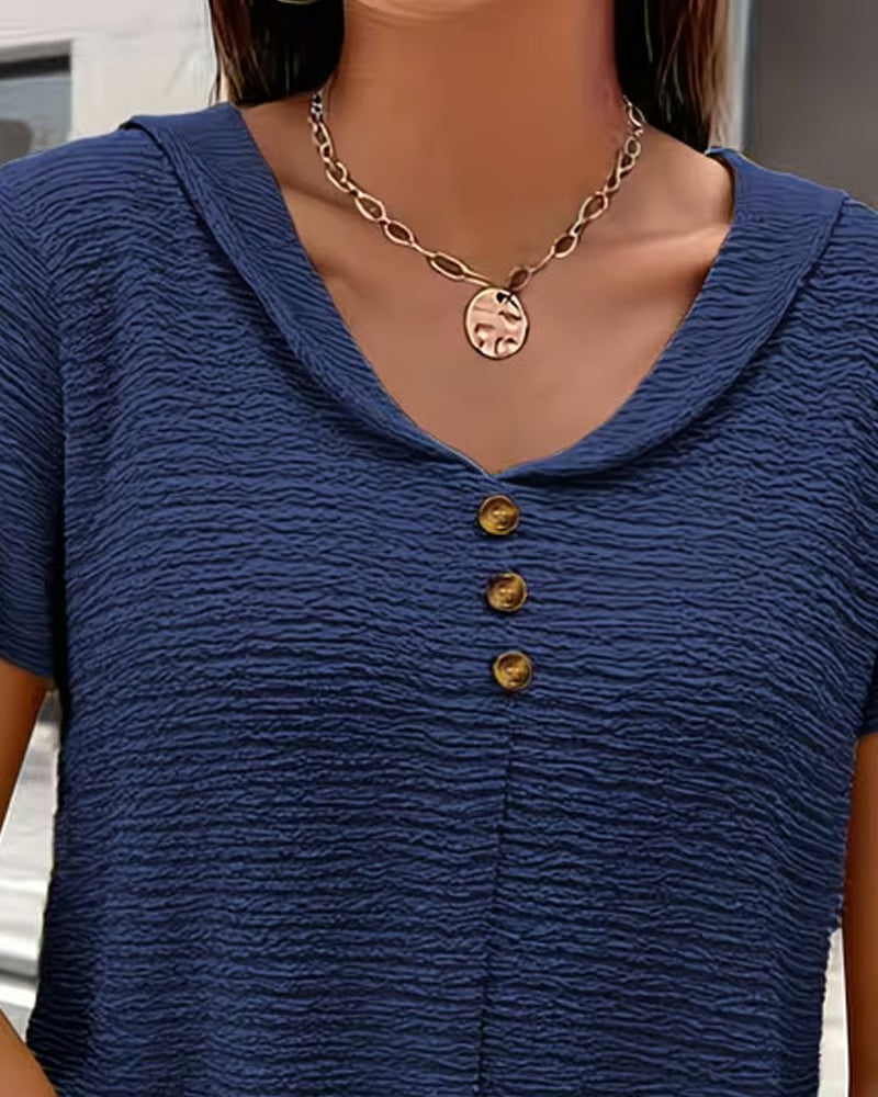 Syzelle - T-shirt femme col rond texturé manches courtes boutons décoratifs élégant