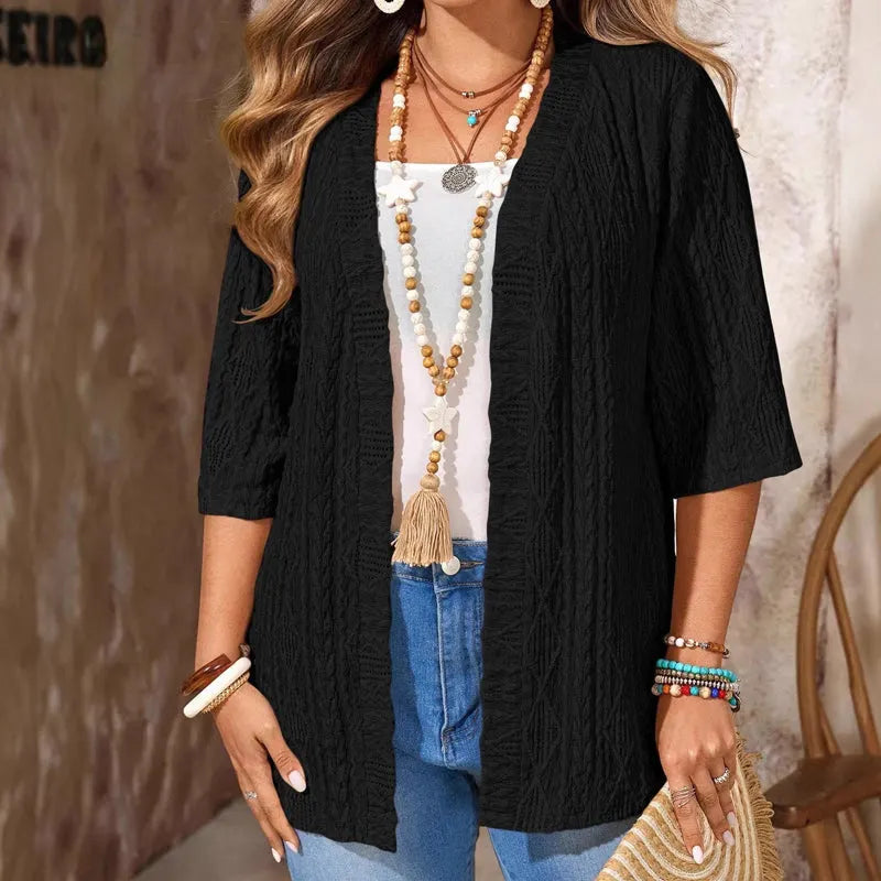 Enora - Cardigan femme tricoté ouvert à manches 3/4