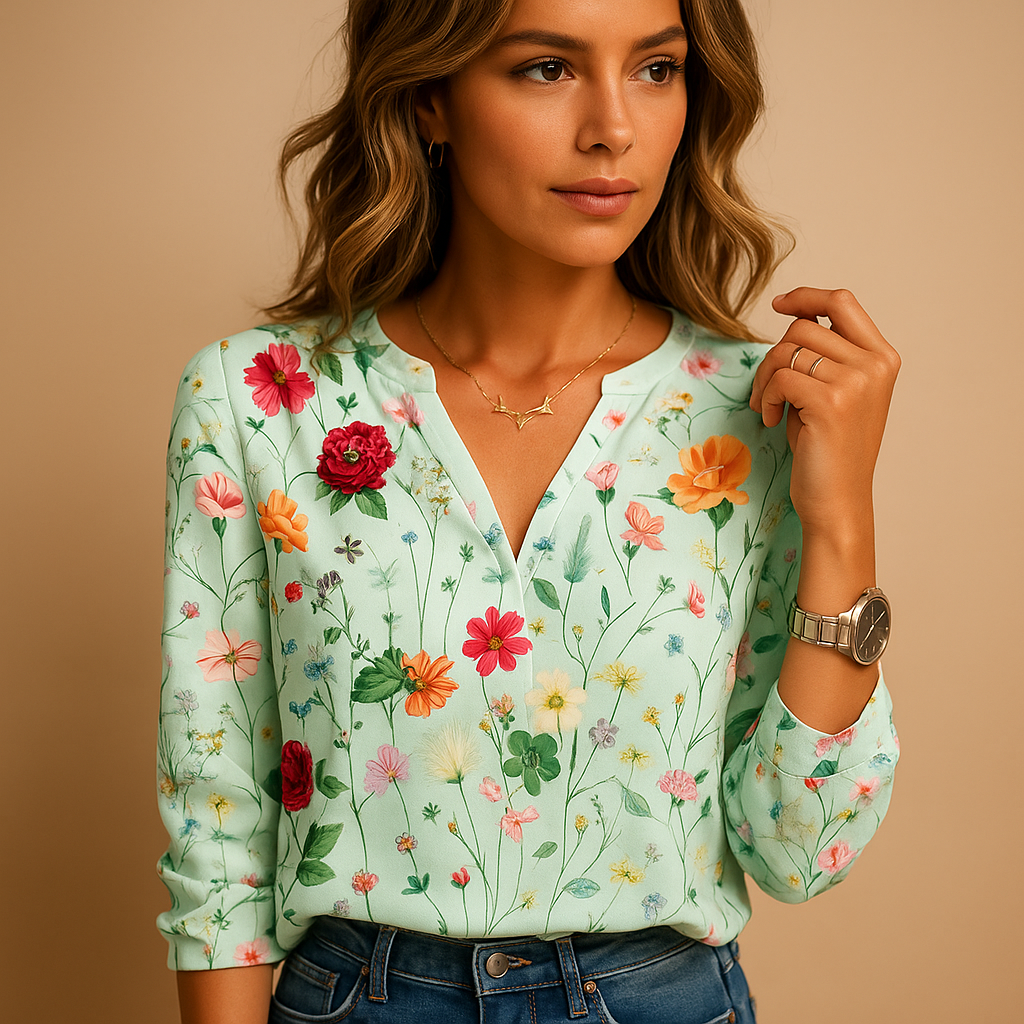 Tess - Floral Print Blouse with V-Neck and Long Sleeves for Women