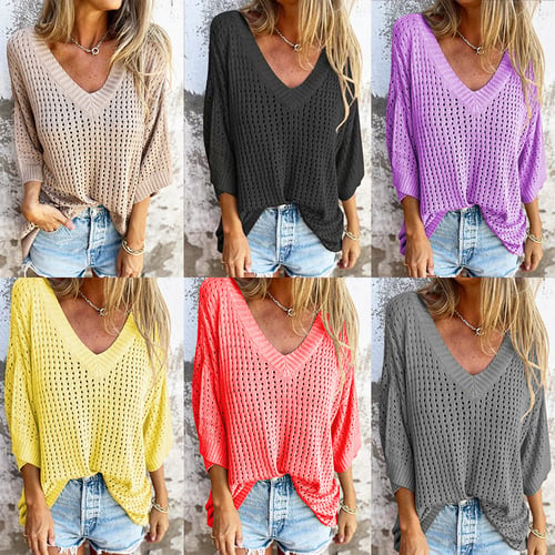 Delia - Top tricoté à col en V avec motif creux
