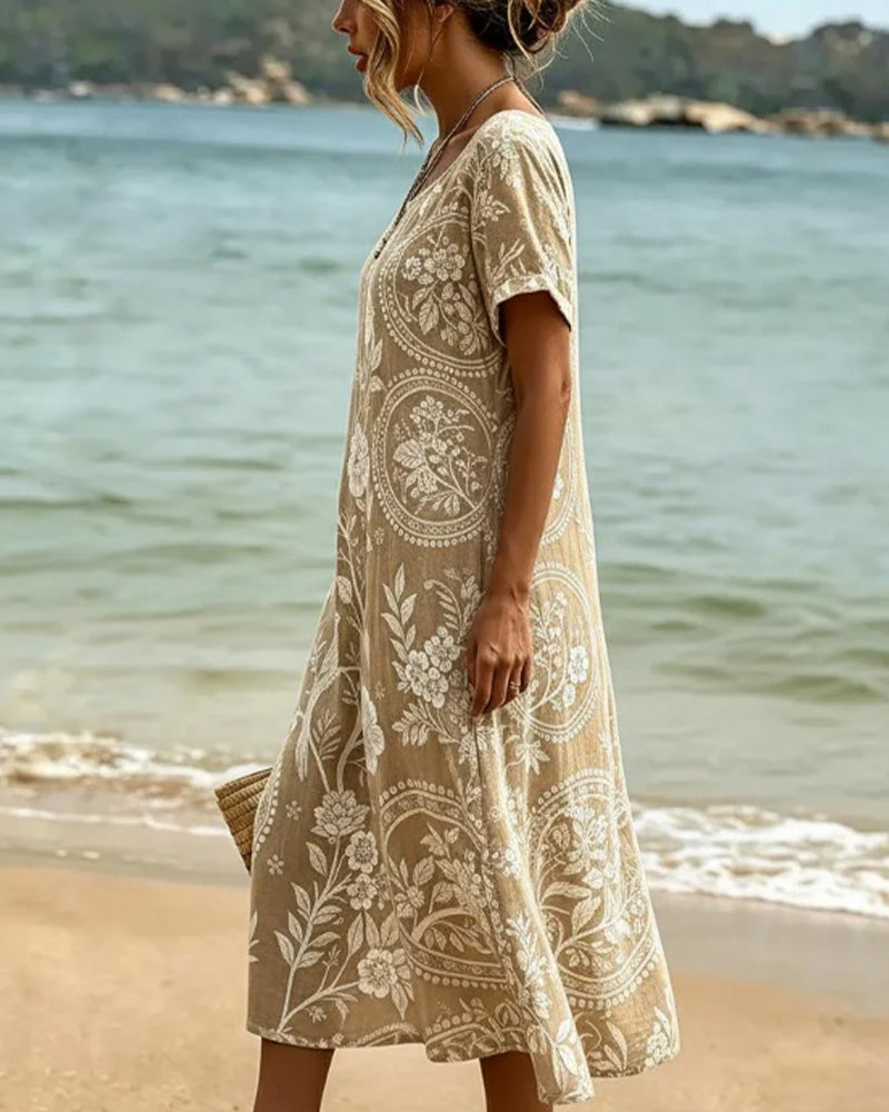 Loane - Robe midi femme imprimée floral et oiseau à col rond