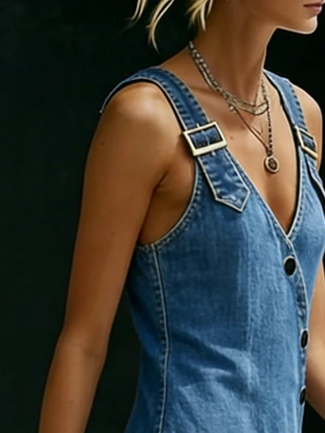 Perenelle - Robe longue femme en denim avec boutons asymétriques