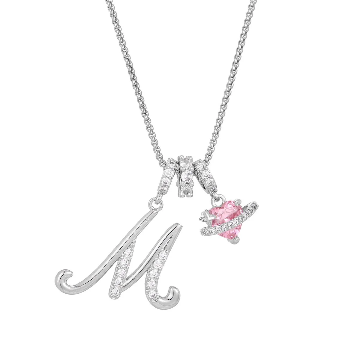 Carmelle - Collier Initiale Avec Cœur Rose Brillant
