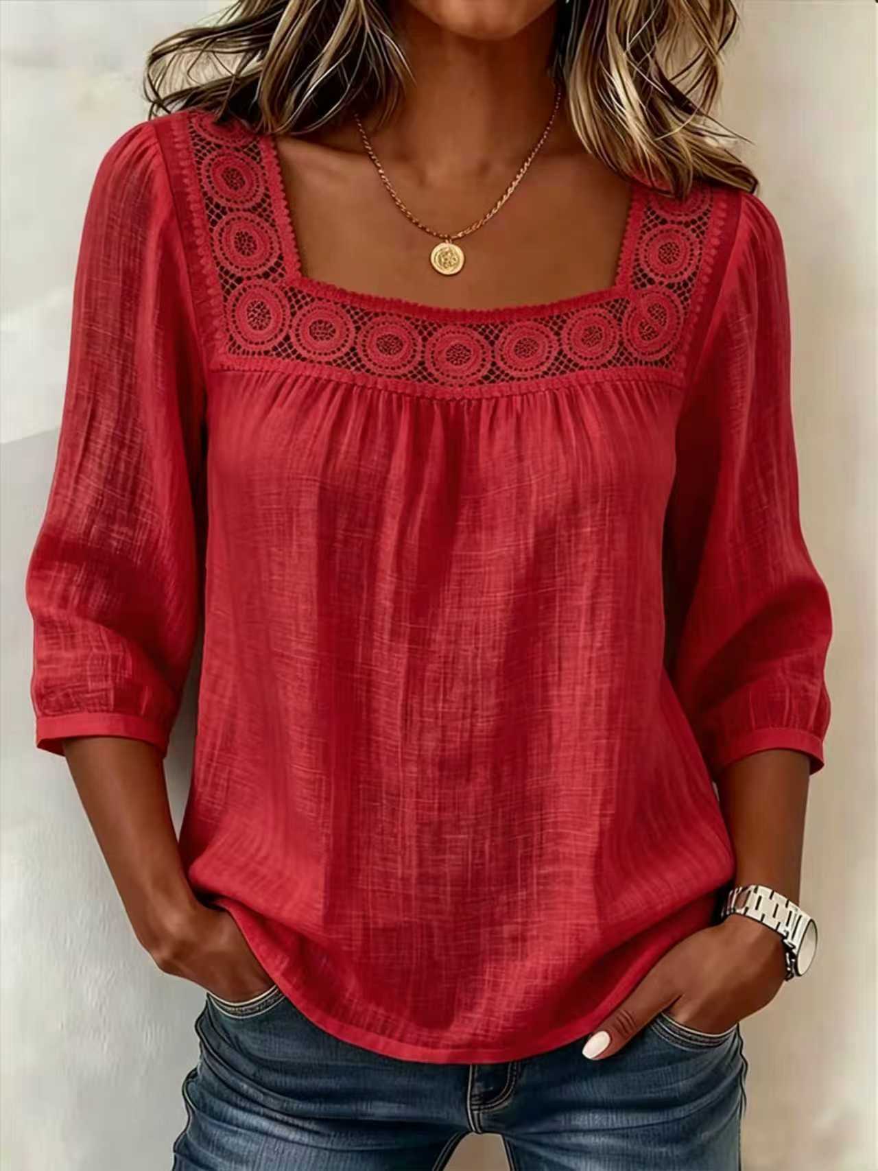 Myzaria - Blouse femme à décolleté carré avec dentelle élégante