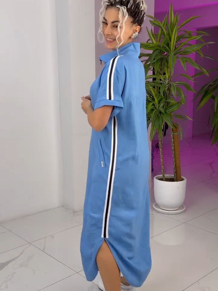Gavrixa - Robe femme longue zippée col montant coupe fluide style sport chic confortable