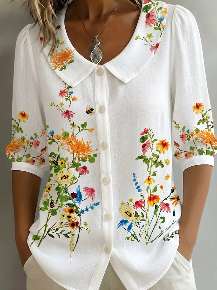 Mavessia - Chemise femme coton et lin imprimé floral artistique vintage