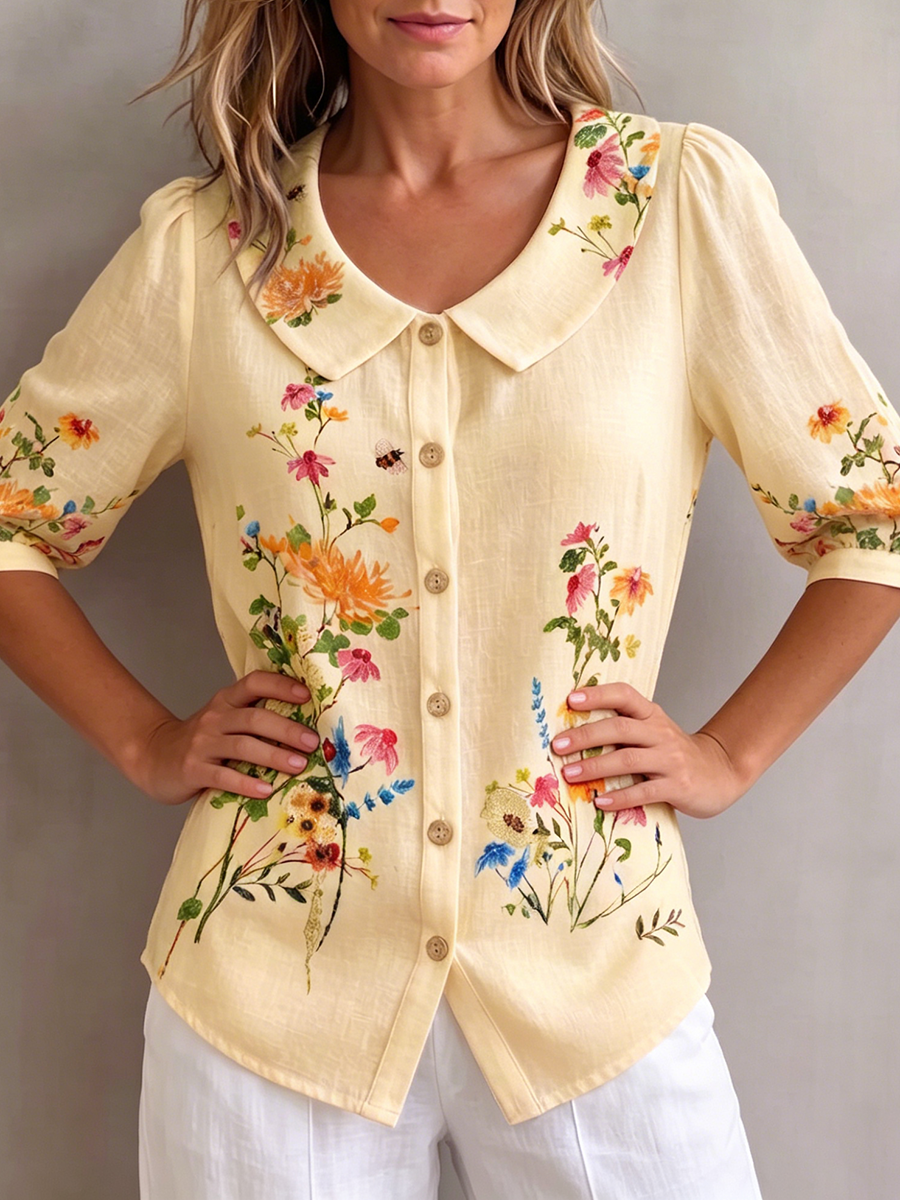 Mavessia - Chemise femme coton et lin imprimé floral artistique vintage