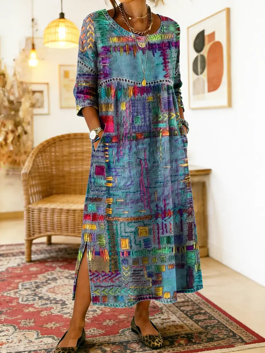 Lunethra - Robe Denim Patchwork Ethnique Femme