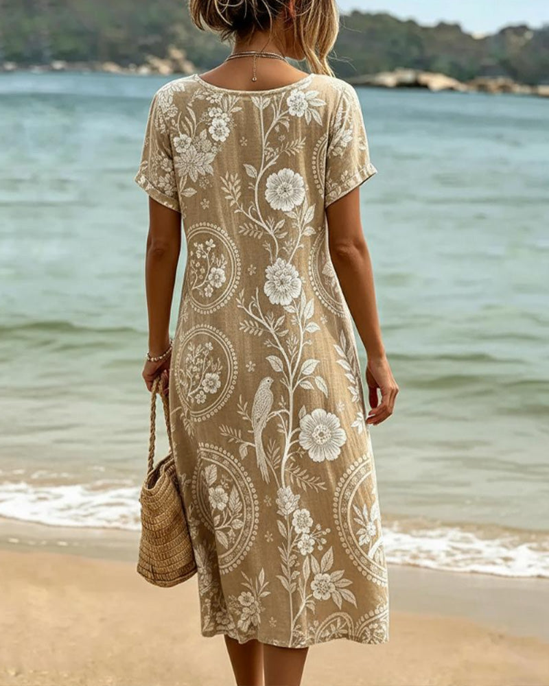 Loane - Robe midi femme imprimée floral et oiseau à col rond