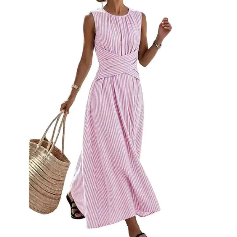 Caliane - Robe maxi femme sans manches à rayures taille croisée