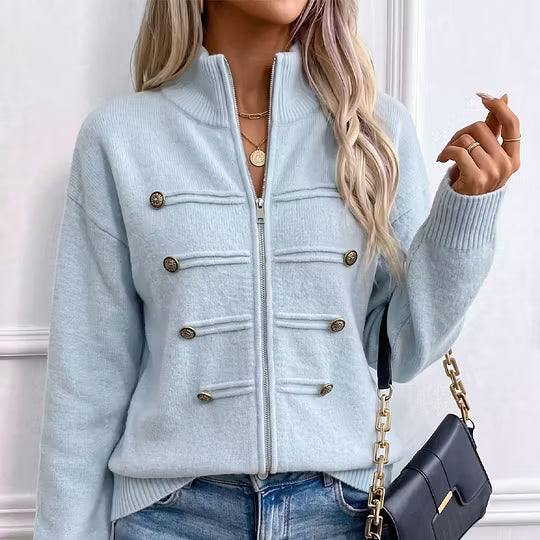 Teuntje - Women's knit cardigan with high neck, zip, and decorative buttons