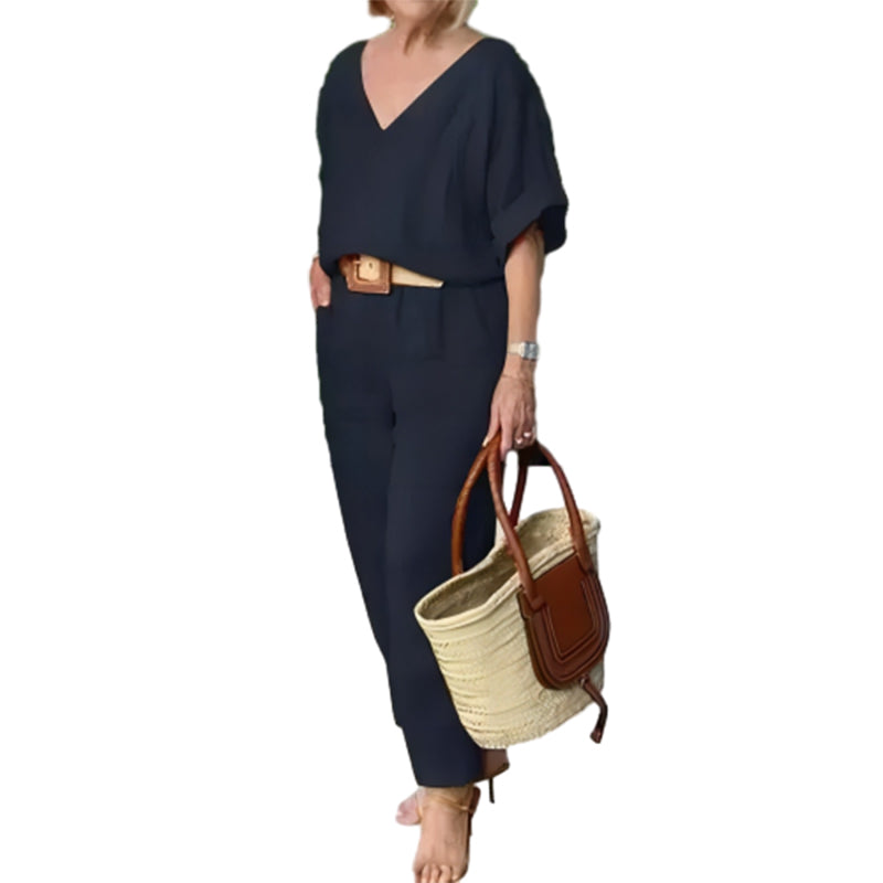 Loxaria - Ensemble femme haut col V pantalon poches style décontracté