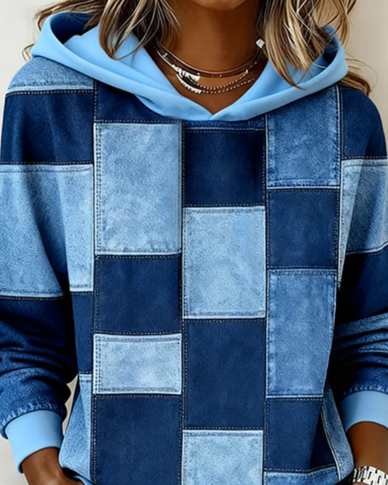 Gwenarissa - Sweat à Capuche Patchwork Denim Moderne