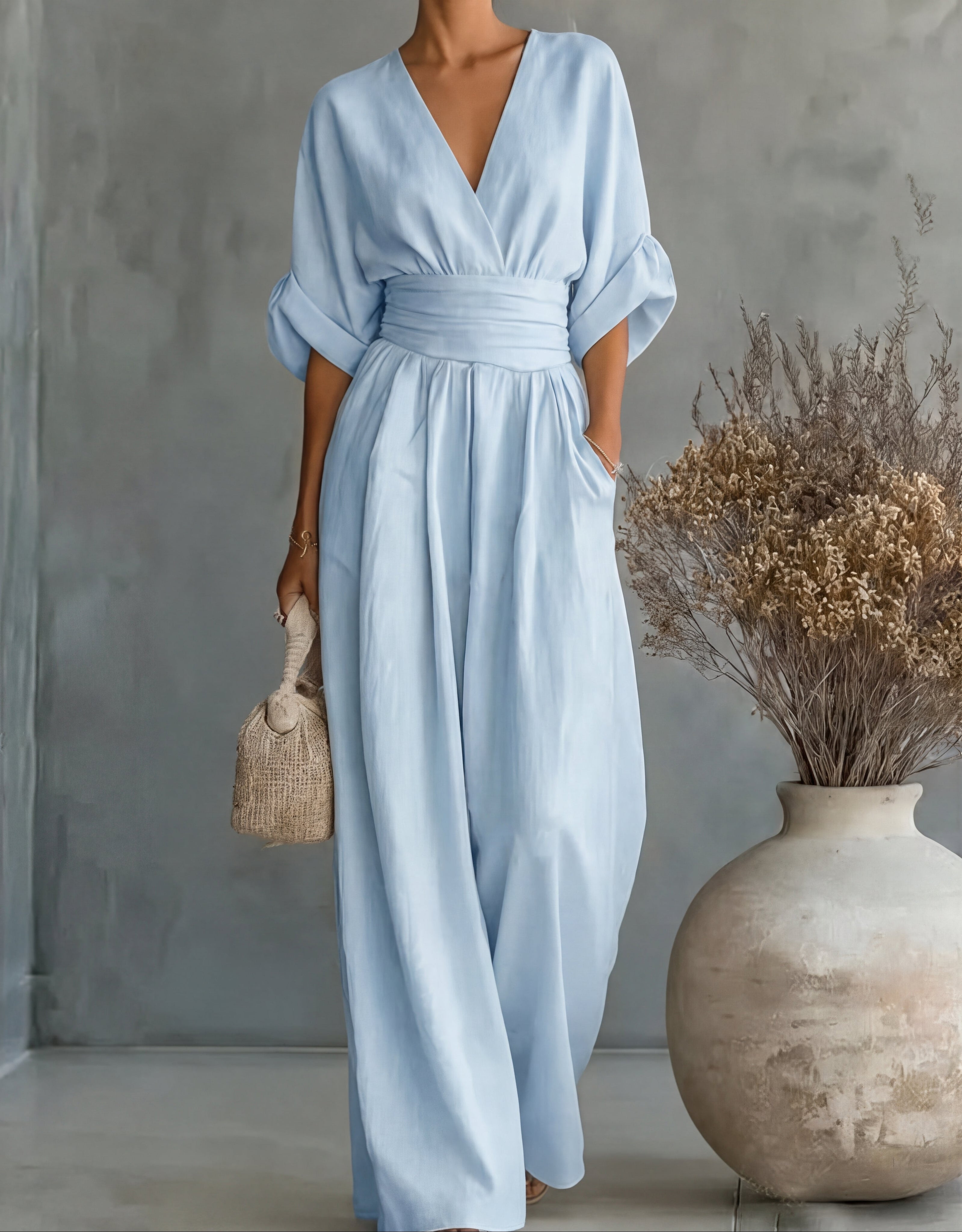 Avelissea - Combinaison femme à col V et pantalon large fluide