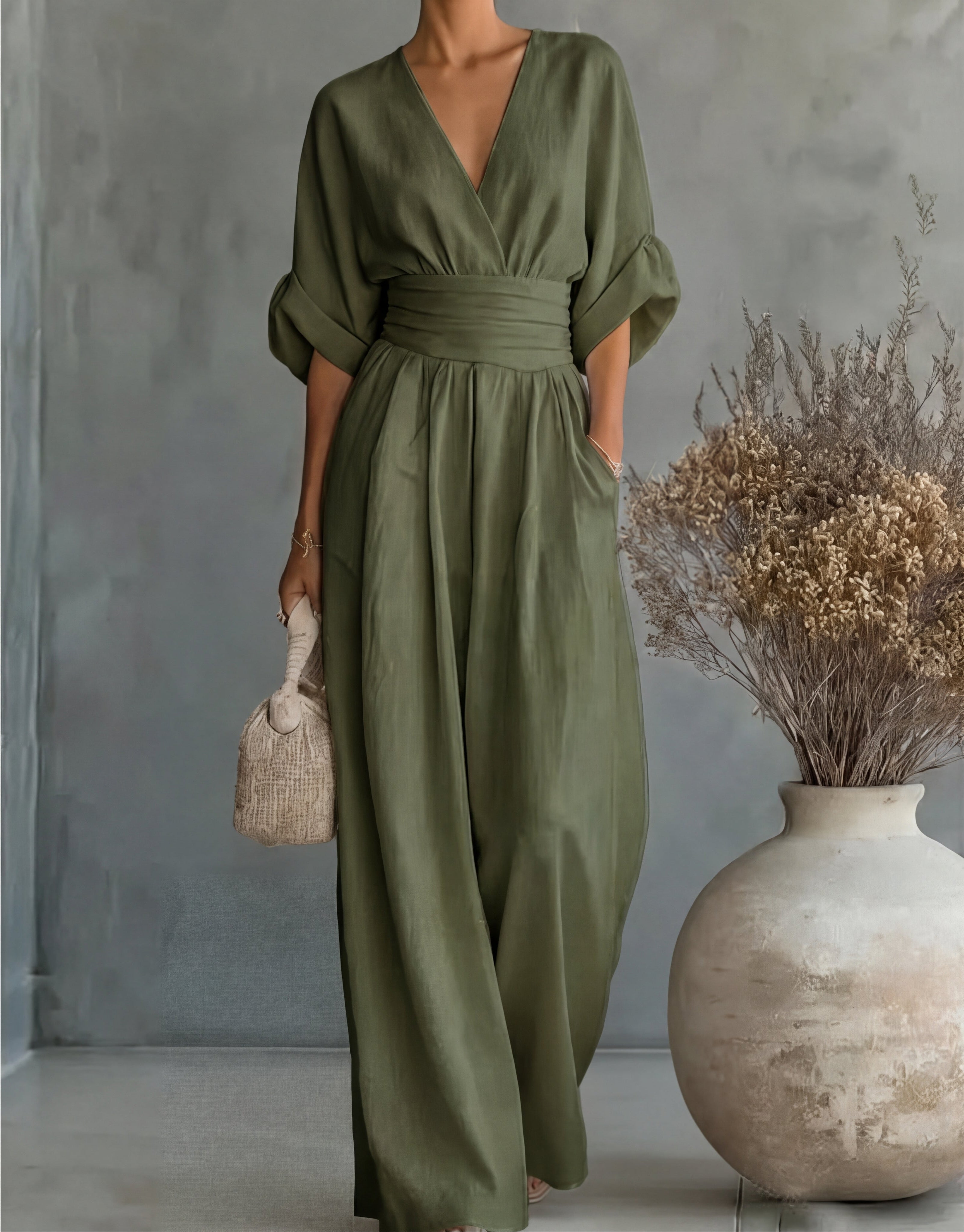 Avelissea - Combinaison femme à col V et pantalon large fluide