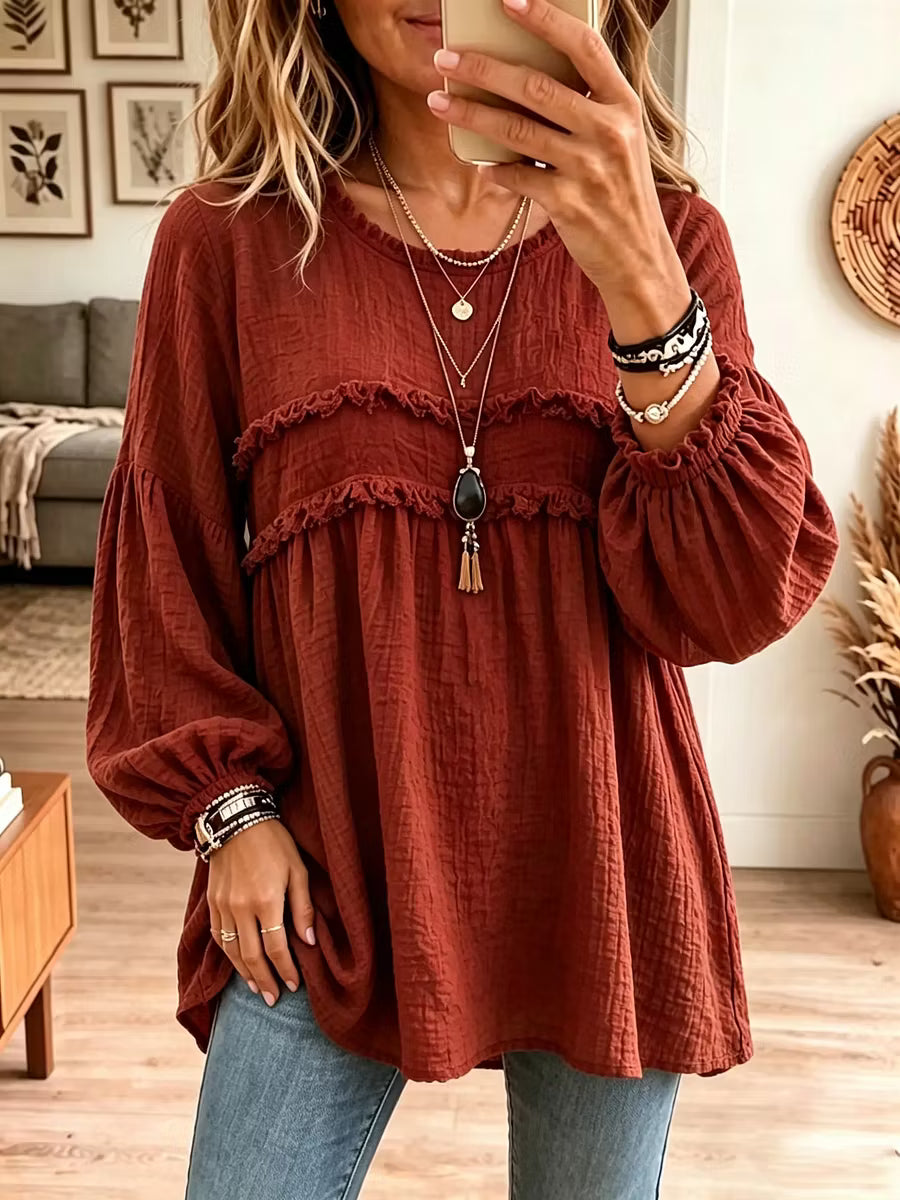 Noëlie - Women's loose-fit babydoll tunic with ruffles and balloon sleeves