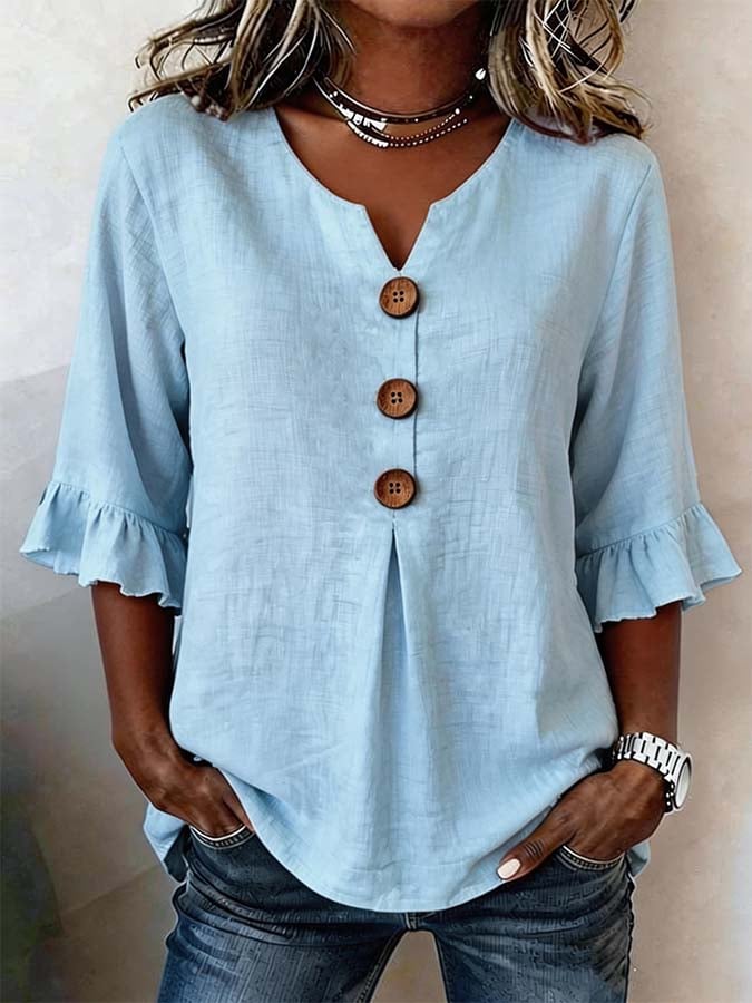 Tyvora - Blouse femme unie fluide manches volantées boutons bois style bohème